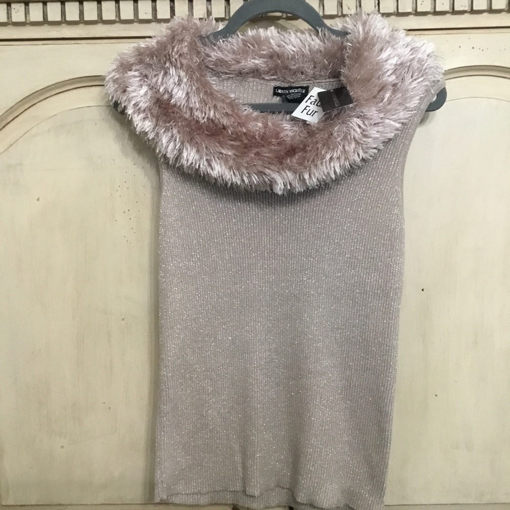 Lauren Michelle Women’s Gold Ribbed Metallic Sweater With Faux Fur Collar Sz L